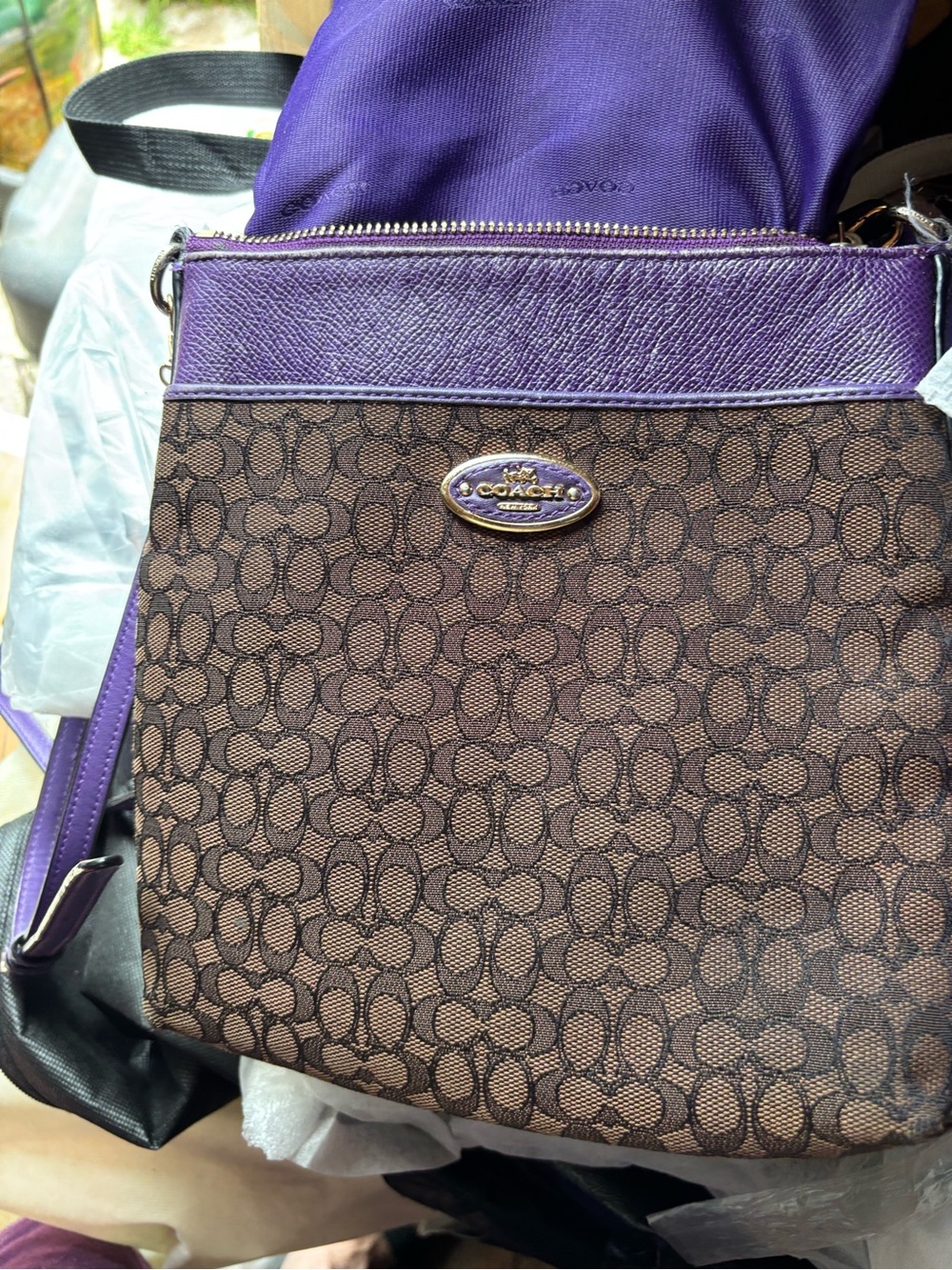 Coach Brown Signature Crossbody with Purple Trim